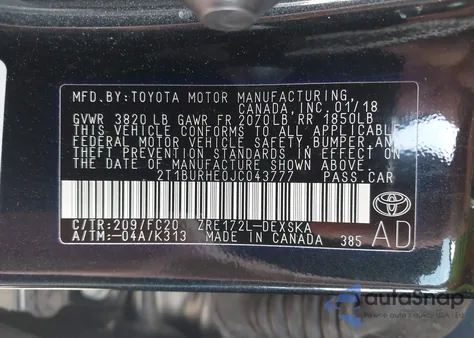 2018 Toyota Corolla Se from USA, damaged, VIN 2T1BURHE0JC043777